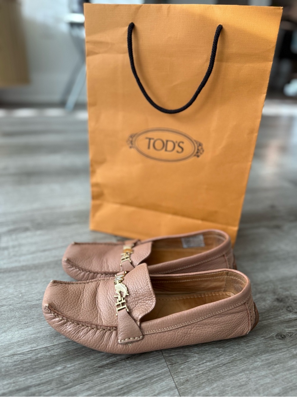 Tod's Blush Leather Driving Moccasins with Gold Hardware